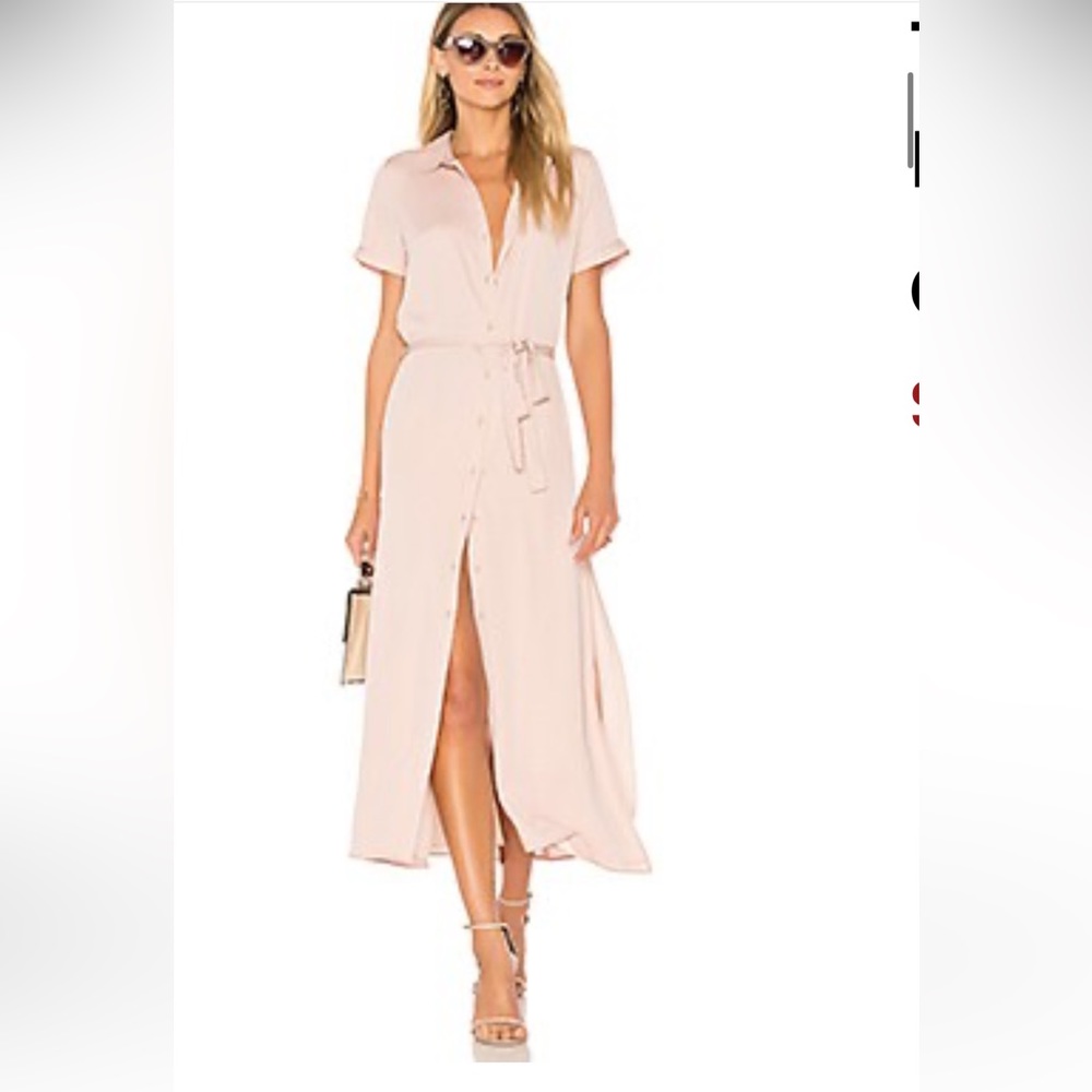 L'Academie Rose Pink Taupe Button Front Belted Midi Shirt Dress Short Sleeve M